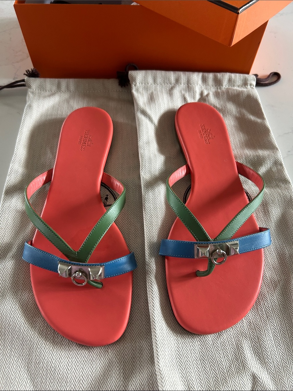 Hermes Coral Slide Sandals with Blue & Green Straps